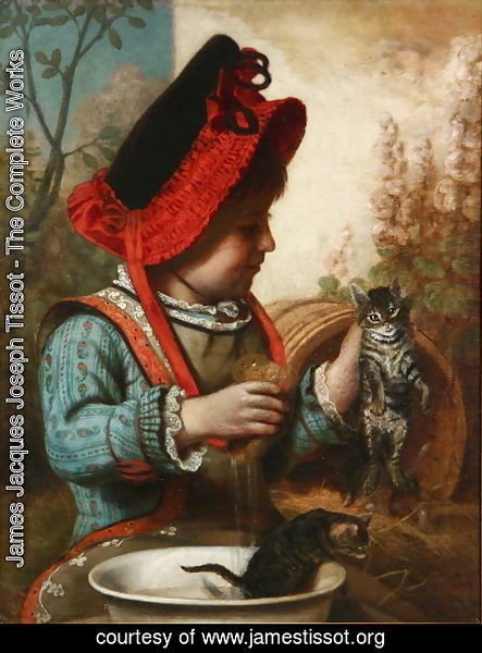 James Jacques Joseph Tissot - Girl in Bonnet Bathing Kittens