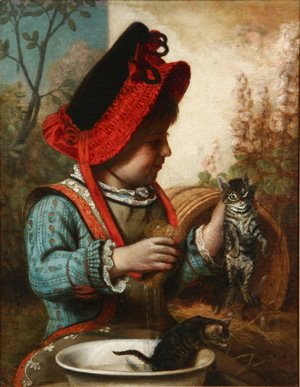 James Jacques Joseph Tissot - Girl in Bonnet Bathing Kittens